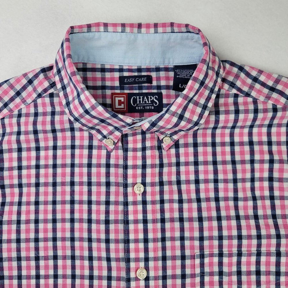 CHAPS Shirt Size Large Mens Button Up Short Sleeve Plaid Easy Care
